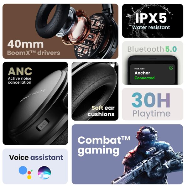 Boult Audio Anchor Bluetooth Wireless Over Ear Headphones with Mic, Active Noise Cancellation, 30H Playtime, AUX Option, Type-C Fast Charging, Massive 40mm Drivers, Sweatproof Gaming ANC Headphones - Image 2